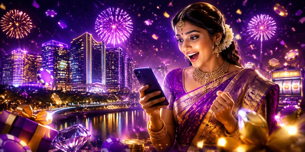 Indian player enjoying mobile casino games with neon lighting